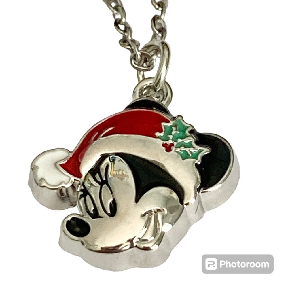 Vintage Disney Minnie Mouse Christmas Necklace Santa Hat 18" Chain Enamel Signed
